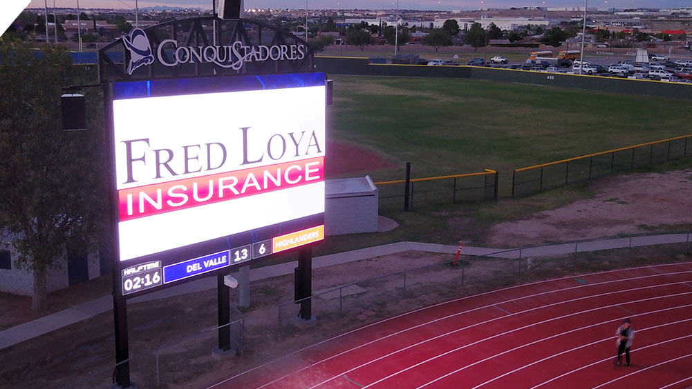 oW2619 Football LED Video Scoreboard at Del Valle High School with Sponsor Ad