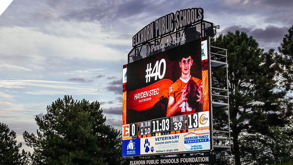 oW3426 Football LED Video Scoreboard at Elkhorn High School Stadium with Player Profile