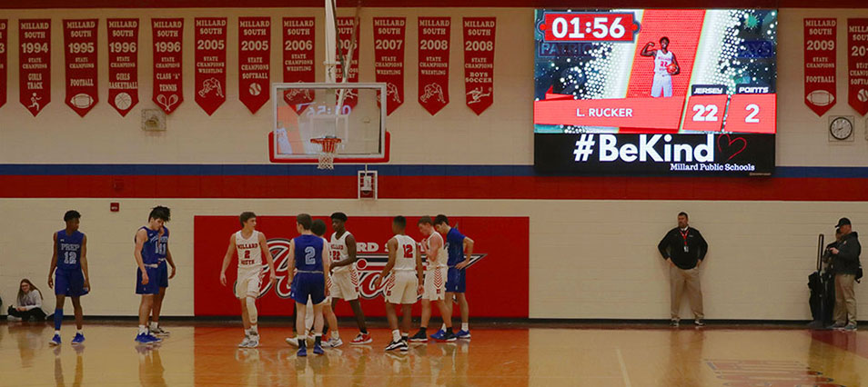 iB1609 Basketball LED Video Scoreboard with Video Feed at Kearney High School