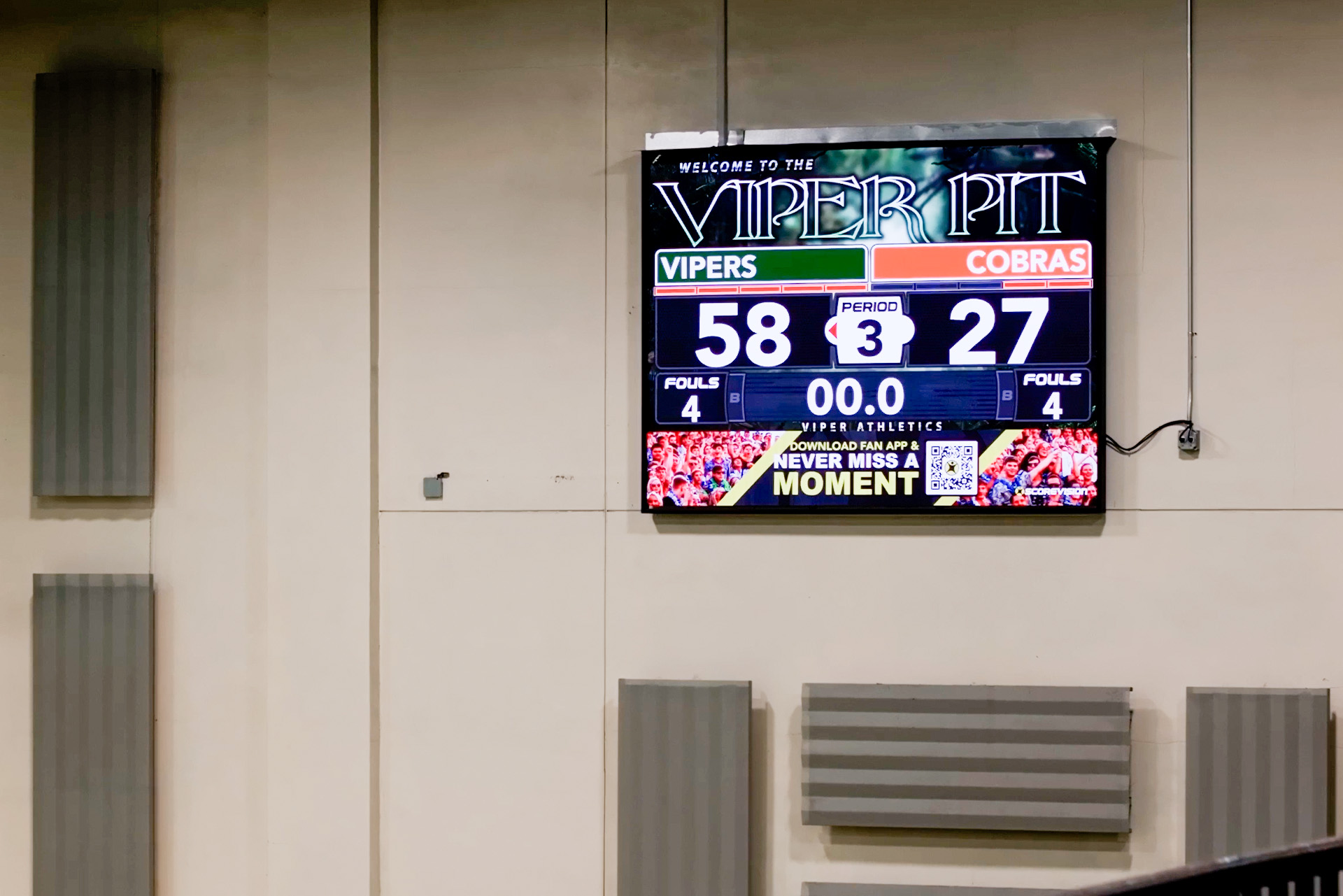 The ScoreVision display delivers clear scoring, Vipers branding and fan engagement inside Viper Pit.