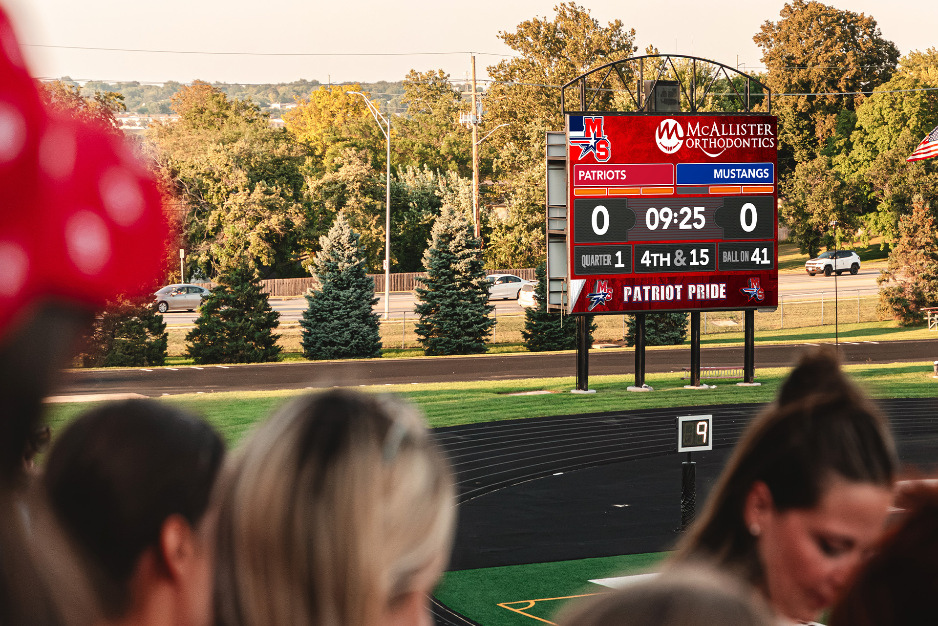 Live scoring, sponsor visibility and Patriot branding come together on Millard South’s ScoreVision display.